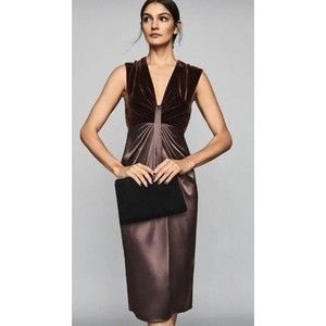 Reiss  8 Velvet Satin Midi Dress Brown Wrap Twist Front Cap Sleeve Shift Sheath